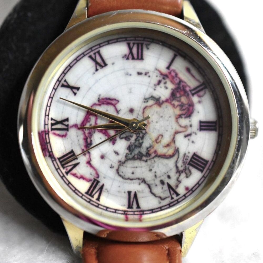 Accutime World Map Brown Leather 8.5" Band New Battery Unisex Watch
